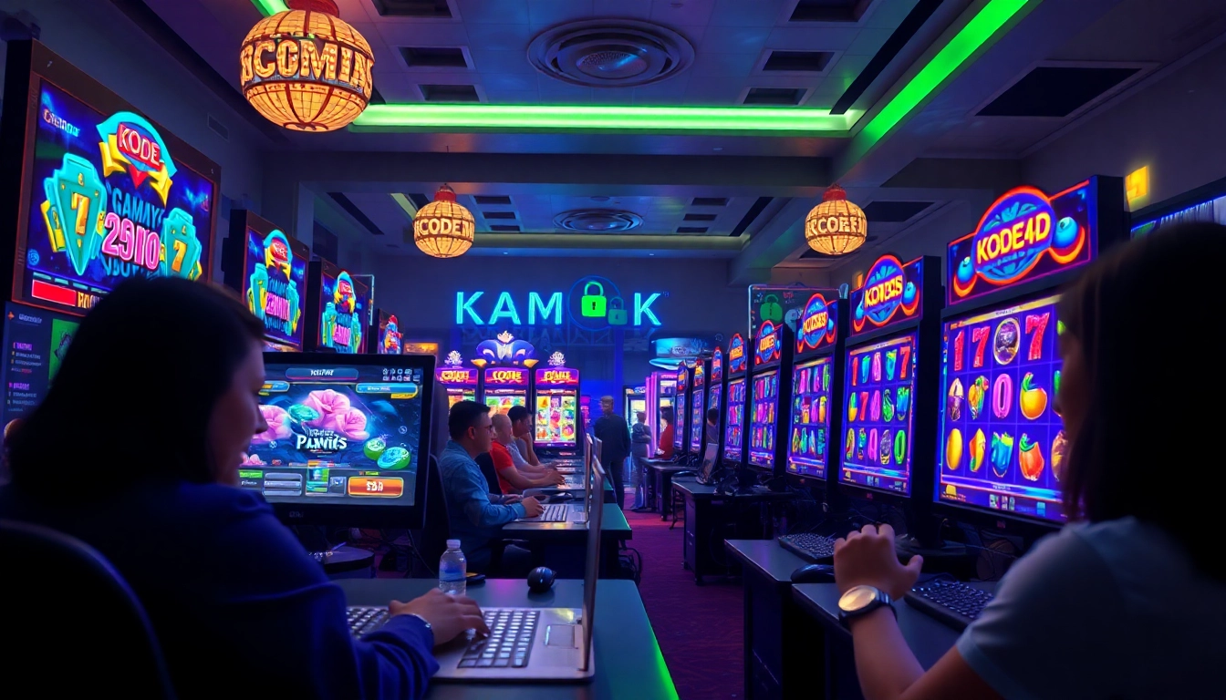 Situs kode4d online gaming scene featuring vibrant slot games, player engagement, and a secure atmosphere.