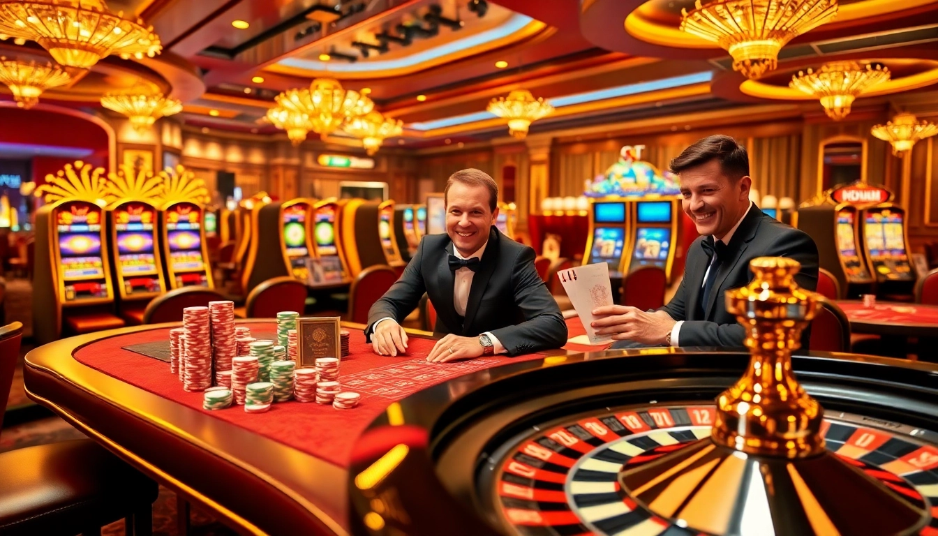 Engage with KJC Gaming's vibrant online casino experience filled with poker chips and slot machines.