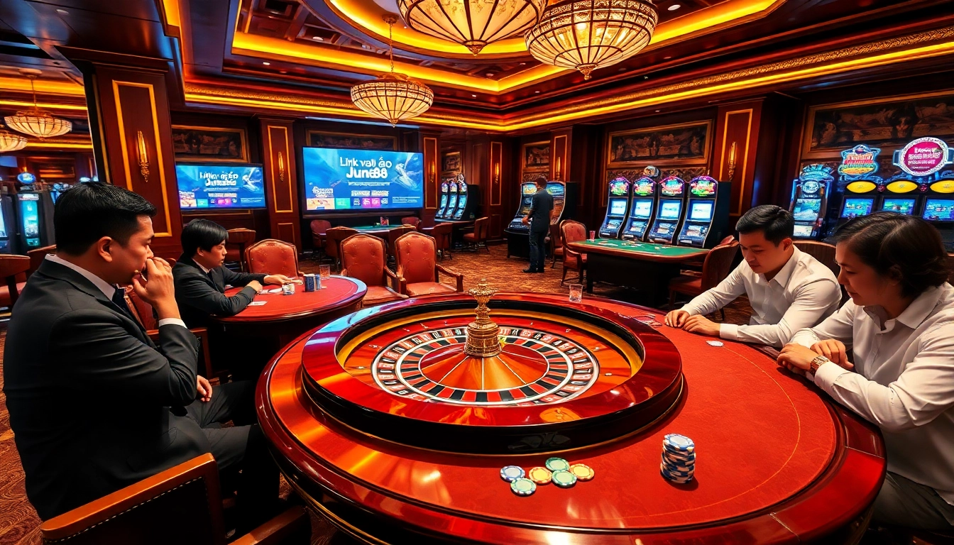 Engaging gamblers with Link vào Jun88 at an exciting casino setting featuring roulette and poker.