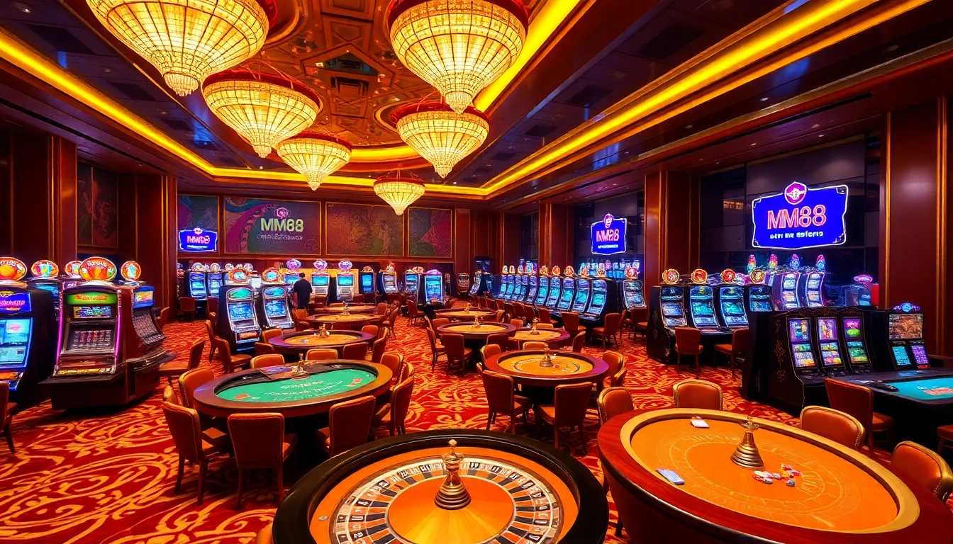 Experience the excitement and luxury of MM88's casino gaming scene with players at roulette and poker tables.