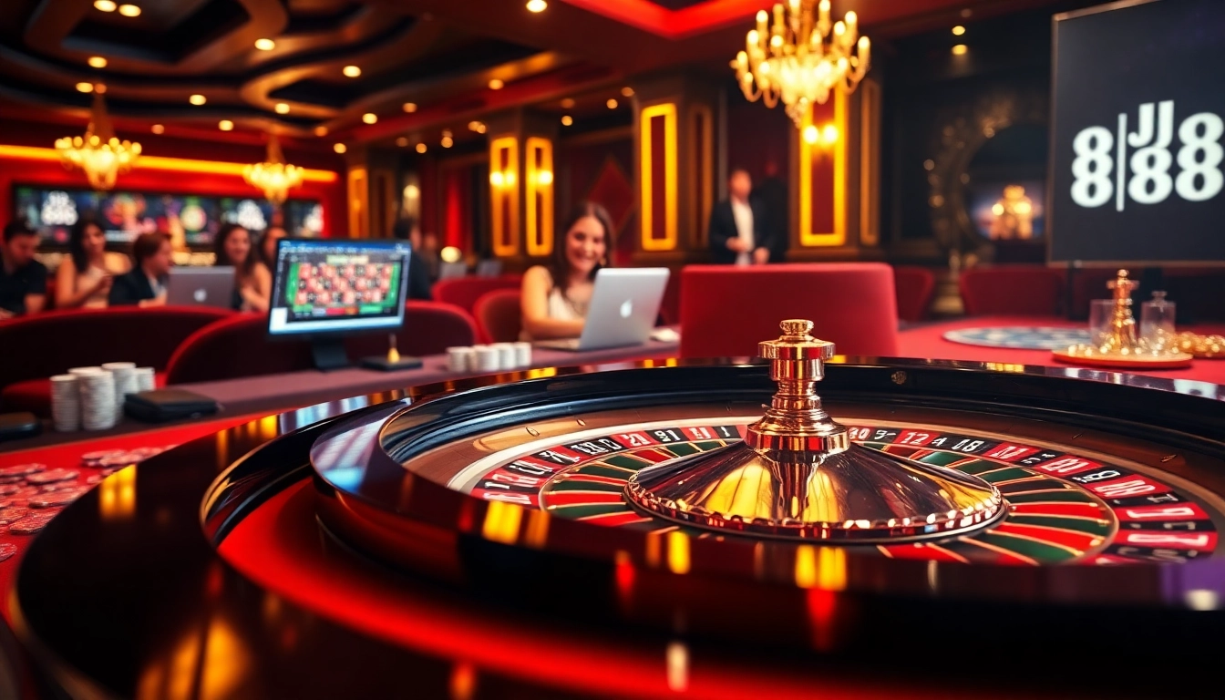 Experience the excitement of BJ 888 at a luxurious casino table with players engaging in thrilling games.