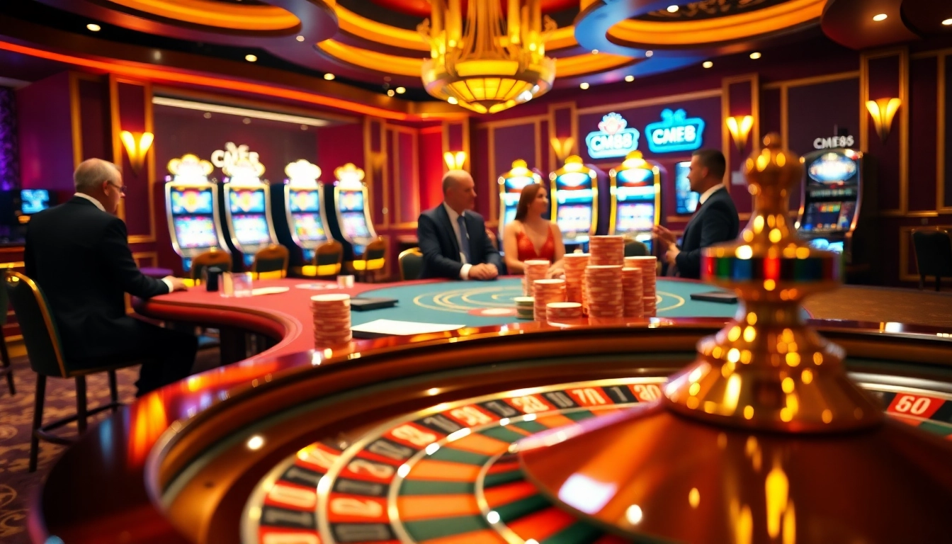 Players enjoying a thrilling game at CM88 casino with vibrant poker tables and spinning roulette wheels.