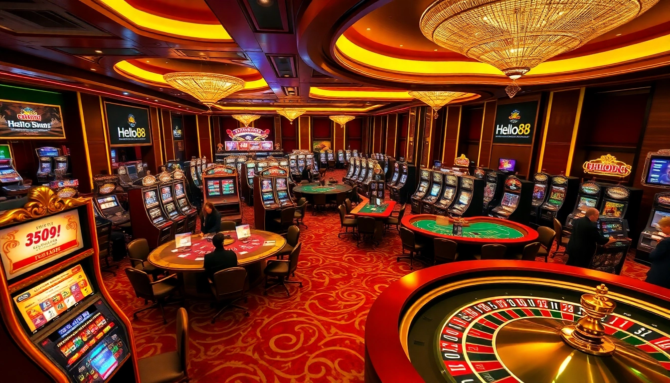Hello88 gaming scene with players at poker tables and vibrant slot machines in an upscale casino.
