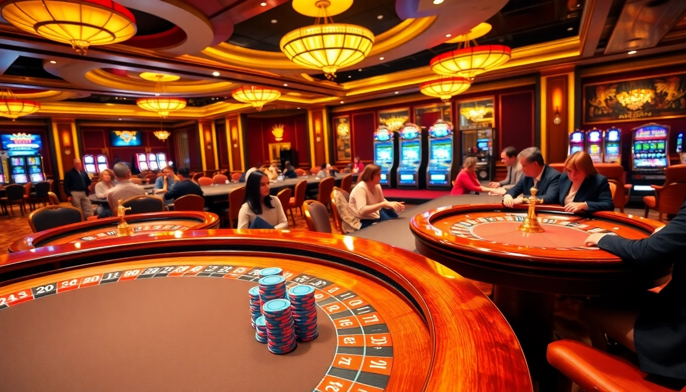 Players enjoying the exhilarating atmosphere at AX88.com casino, showcasing spirited card games and vibrant slot machines.