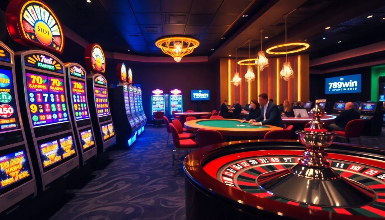 Experience the excitement of online gambling at https://789win.apartments/ with vibrant slot machines and a lively roulette table.