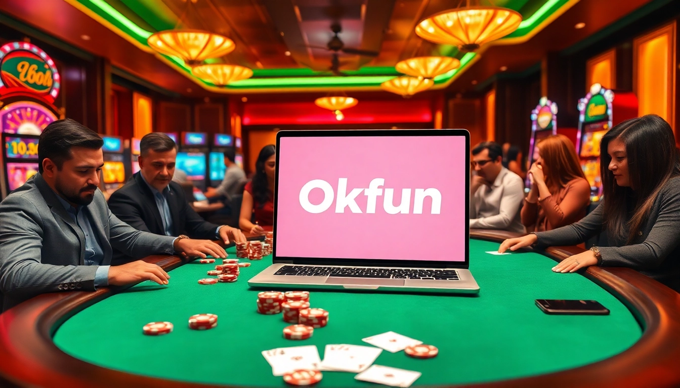 Experience high-stakes excitement at Okfun with vibrant casino visuals featuring poker tables and digital gaming interfaces.