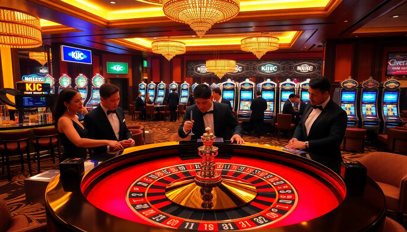KJC branded roulette table with players experiencing thrilling gameplay in an elegant casino.