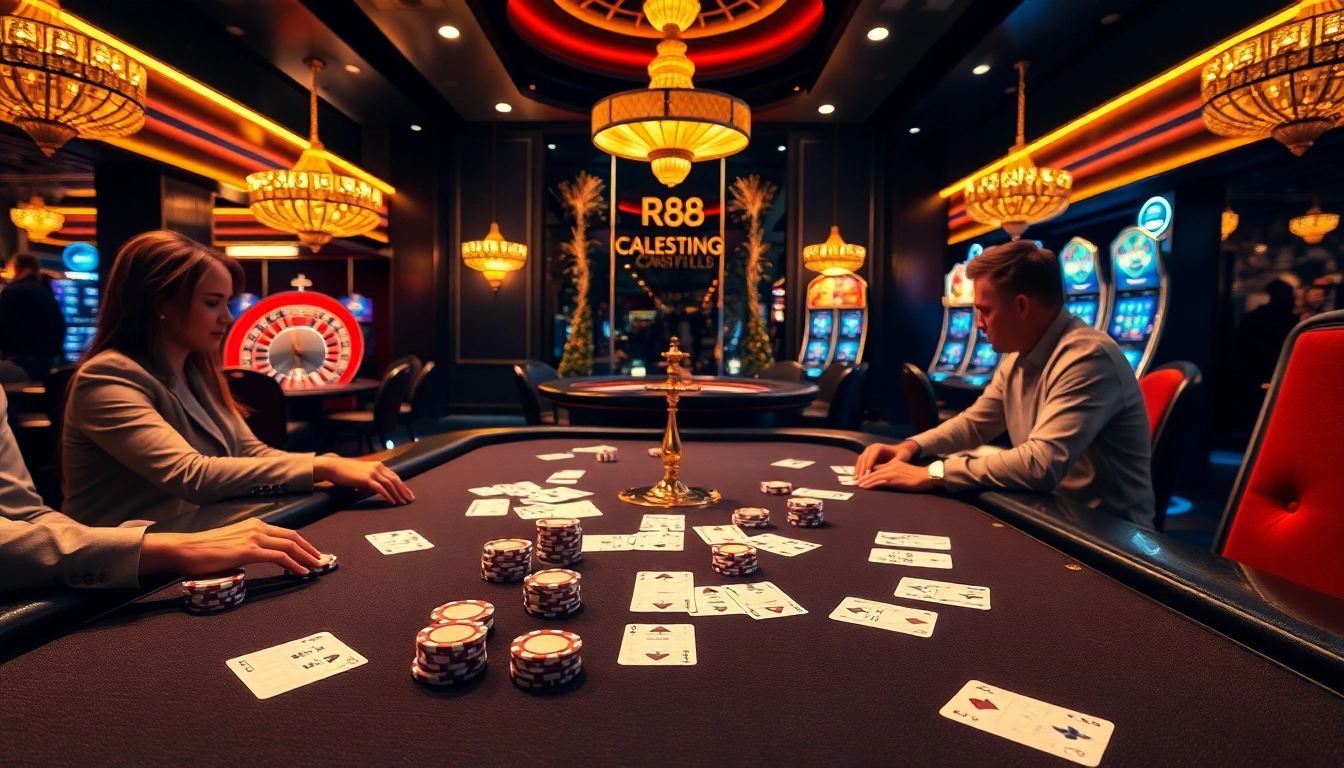 Experience RR88 Đăng nhập at a luxurious casino with high-stakes poker and vibrant slot machines.