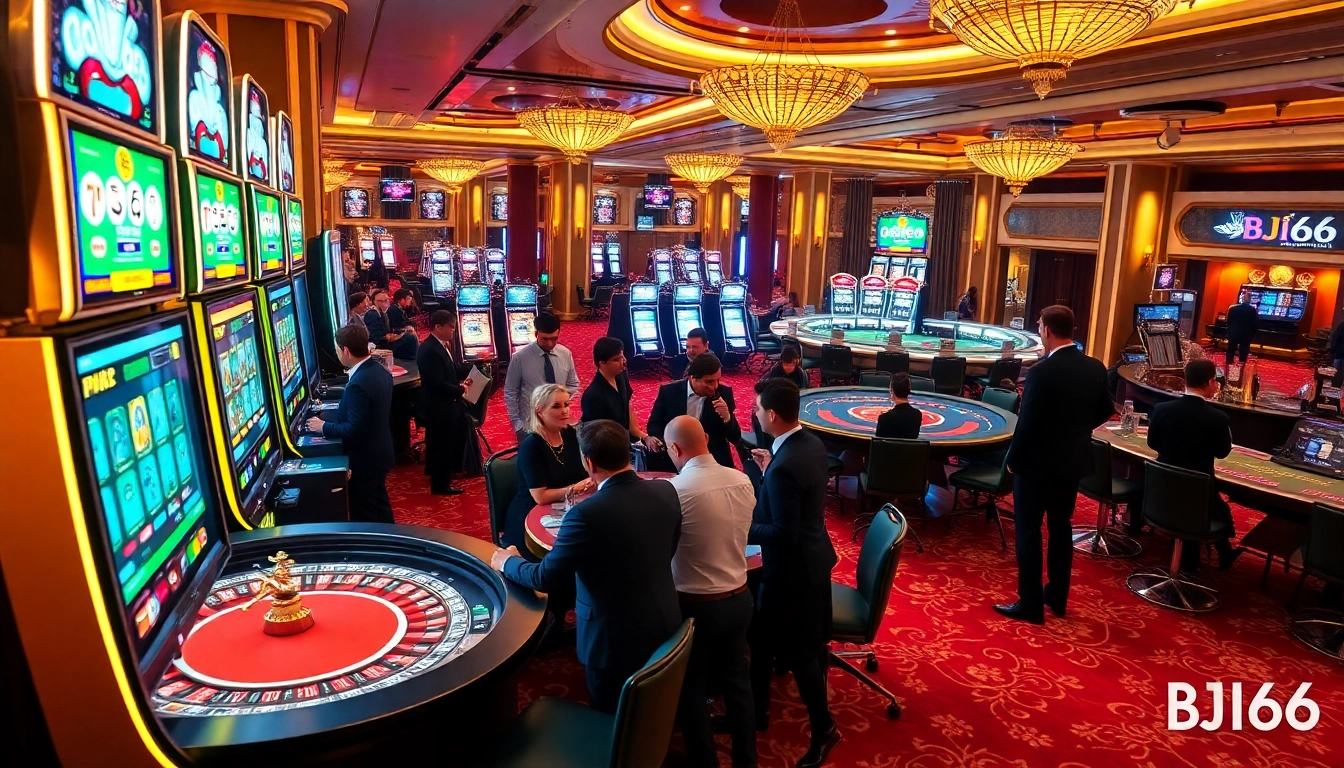 Excited players enjoy thrilling games at BJ66 casino with vibrant slot machines and elegant ambience.