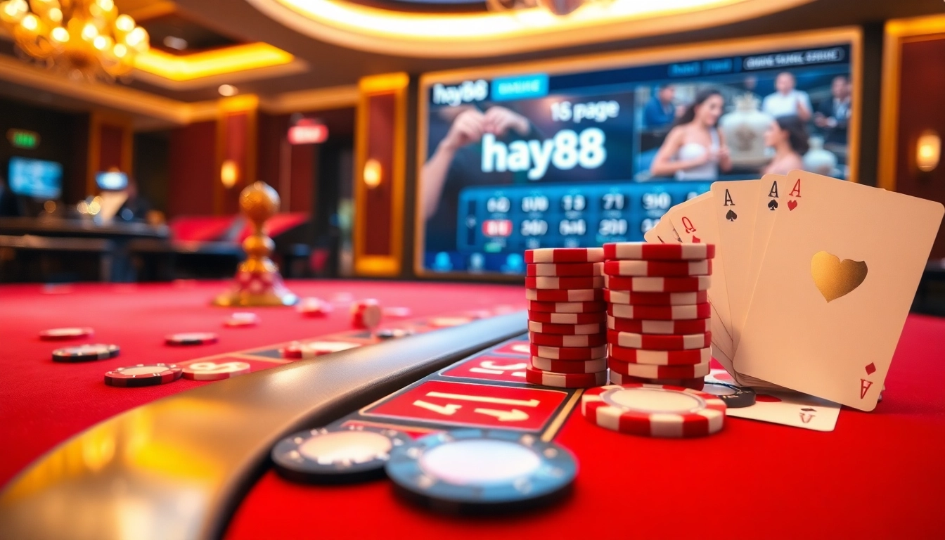 Experience thrilling gameplay at hay88.page with vibrant casino elements like poker chips and roulette tables.