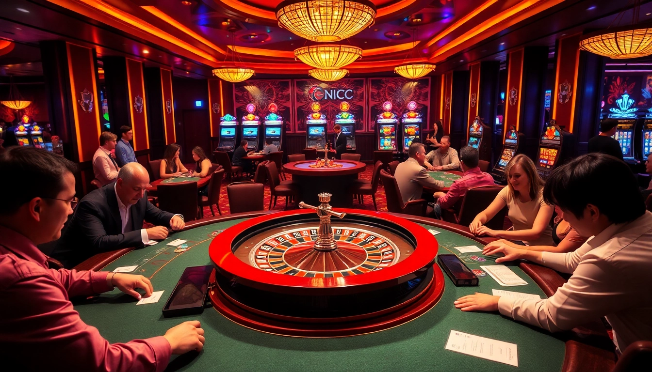Experience thrilling casino games with Kjc solutions and luxurious poker tables in a vibrant setting.