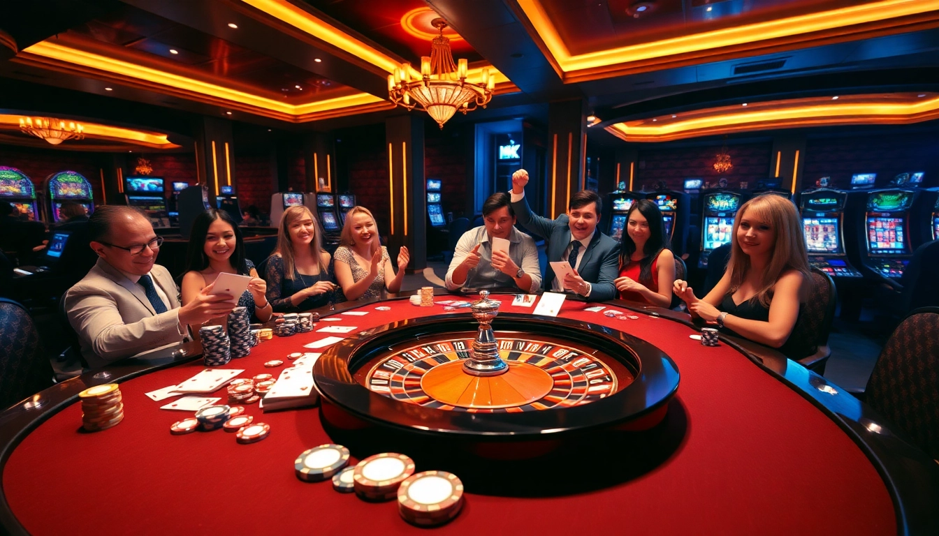 Engaged players enjoy an exciting casino experience at https://www.kjc.global/ with poker chips and roulette wheel.