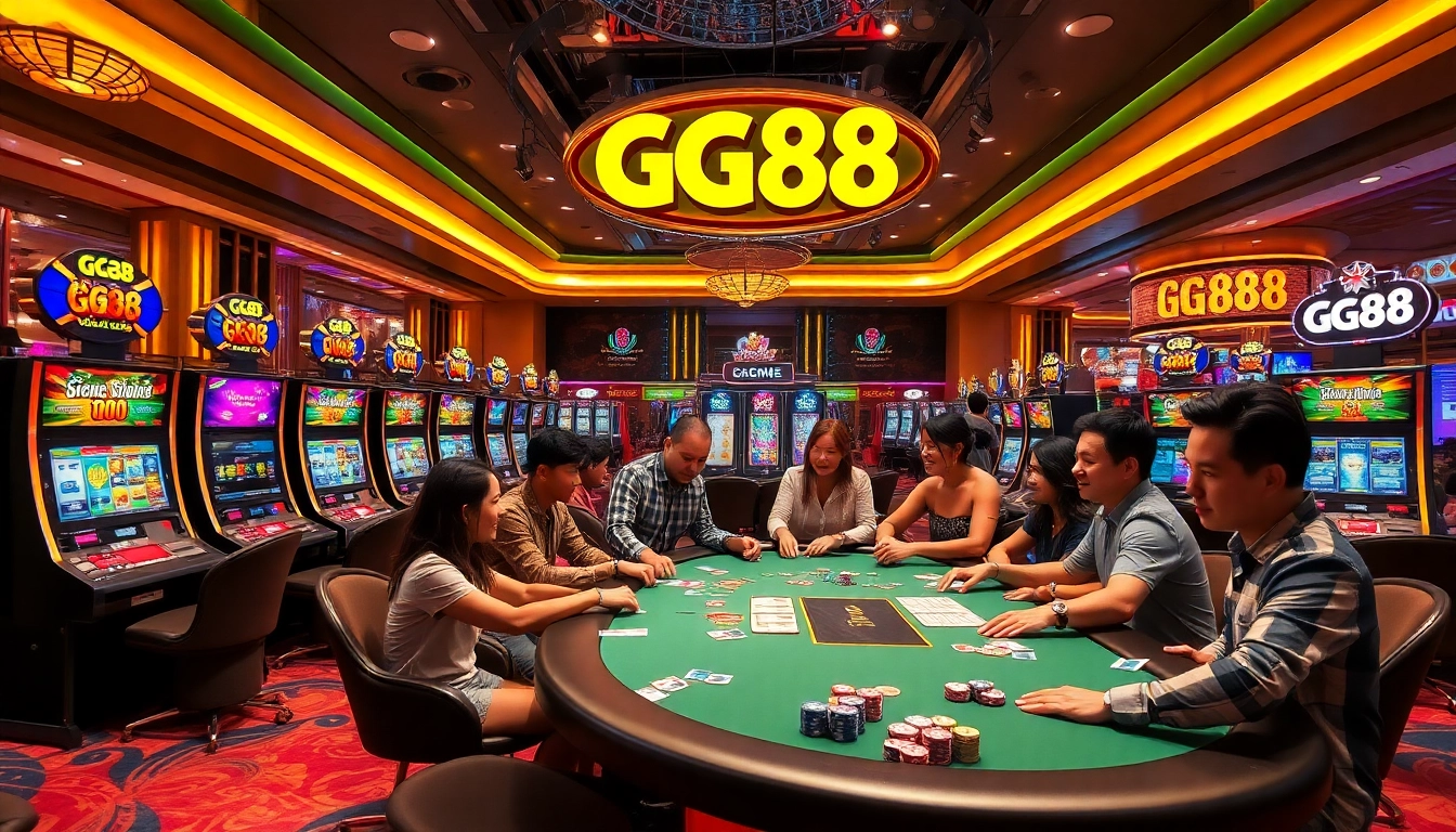 GG88 players enjoying an exciting casino experience at vibrant slot machines and poker tables.