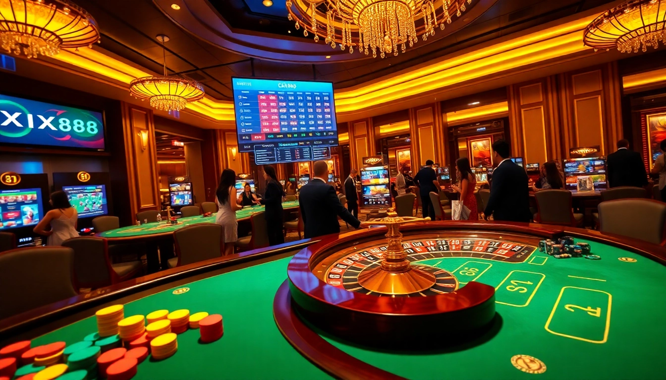 Exciting gambling atmosphere at XX88 with poker chips, roulette, and sports betting odds.