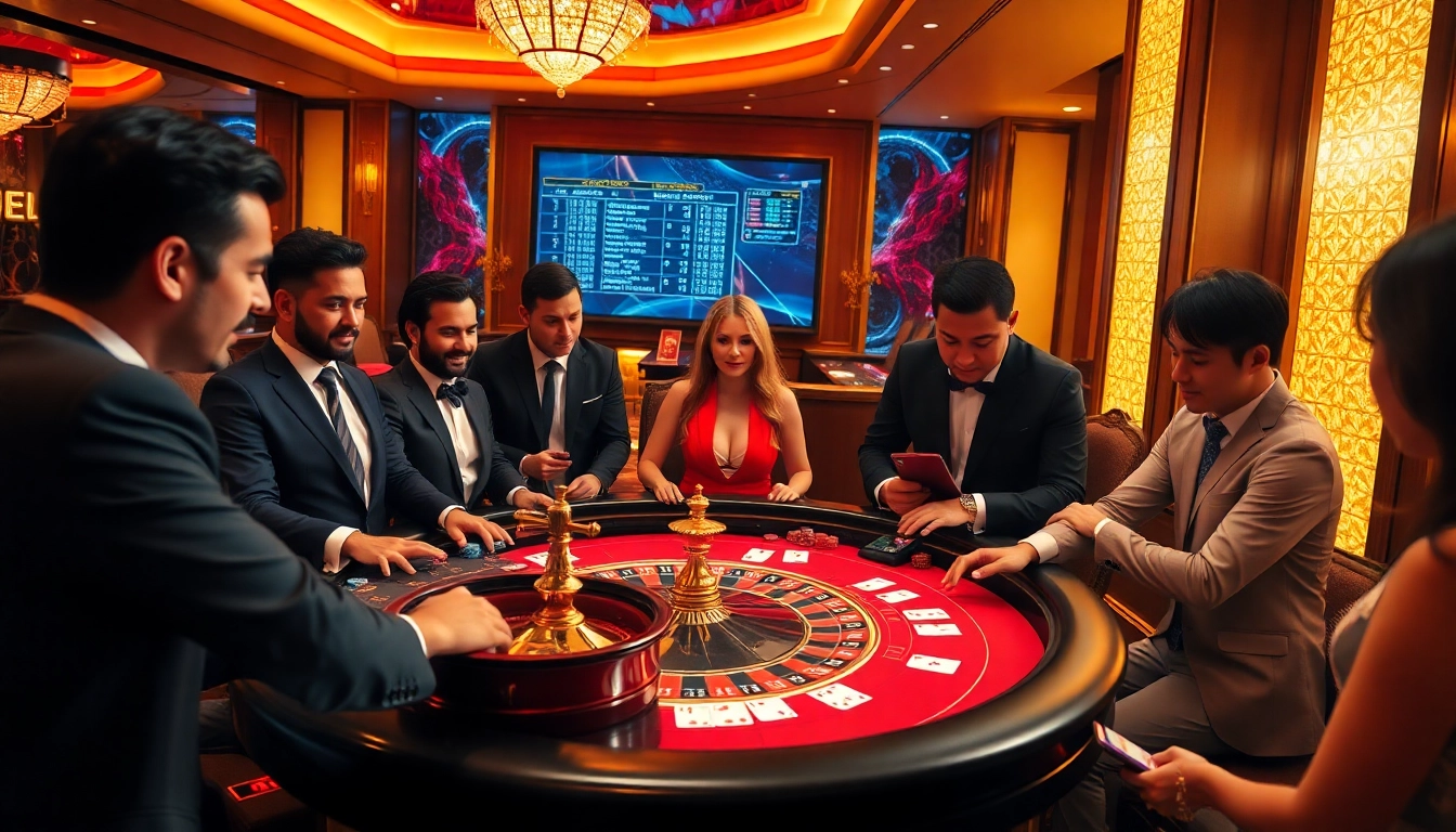 Players enjoying a thrilling game of poker at LC 88 casino, surrounded by vibrant colors and luxurious decor.