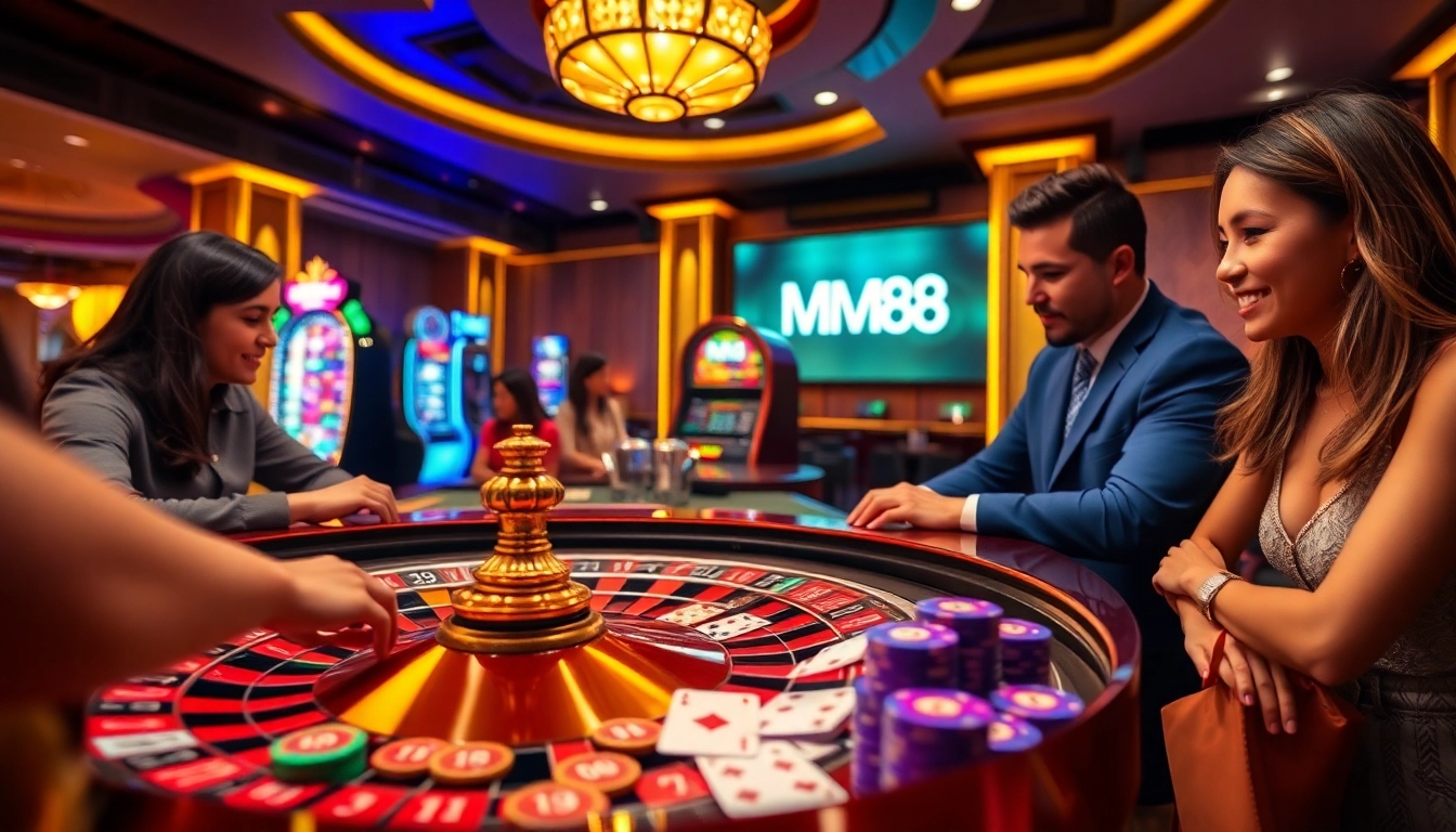 Engaging scene at trang chủ mm88 with casino tables, players, and vibrant slot machines.