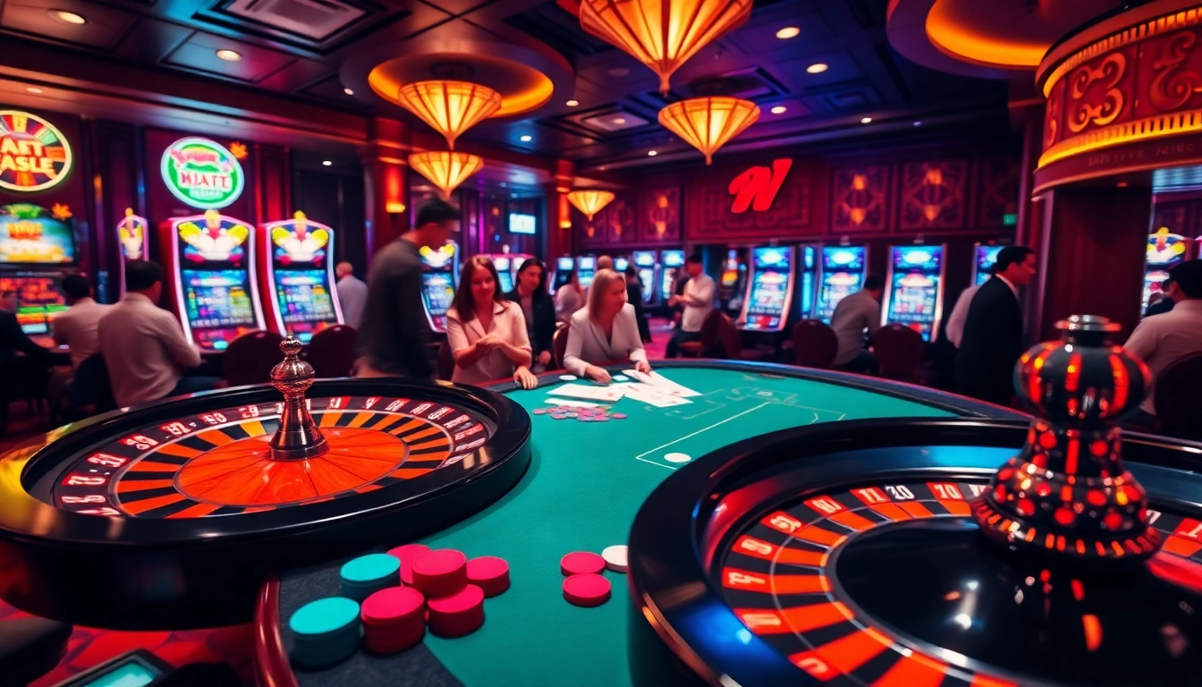 Experience the thrill of gambling at NHÀ CÁI MM88 with vibrant casino visuals showcasing poker and roulette.