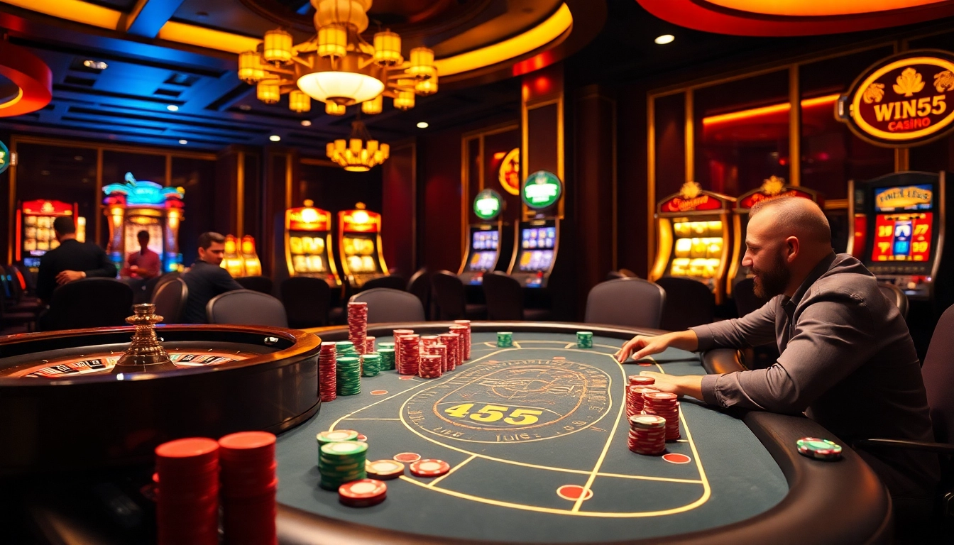 Experience excitement at the win55 poker table with vibrant chips and a classic roulette wheel.
