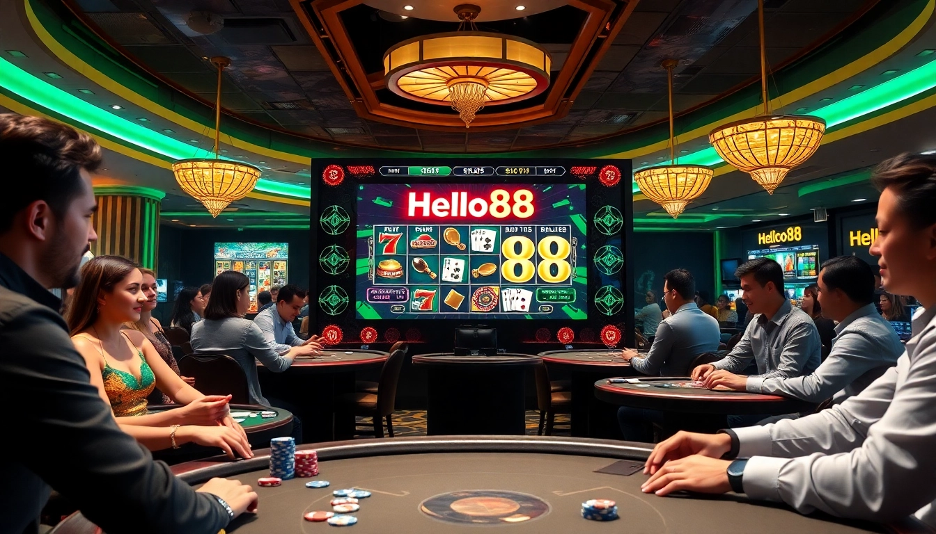 Engaging casino action at Hello88 featuring vibrant slot machines, cards, and poker chips in an exciting scene.