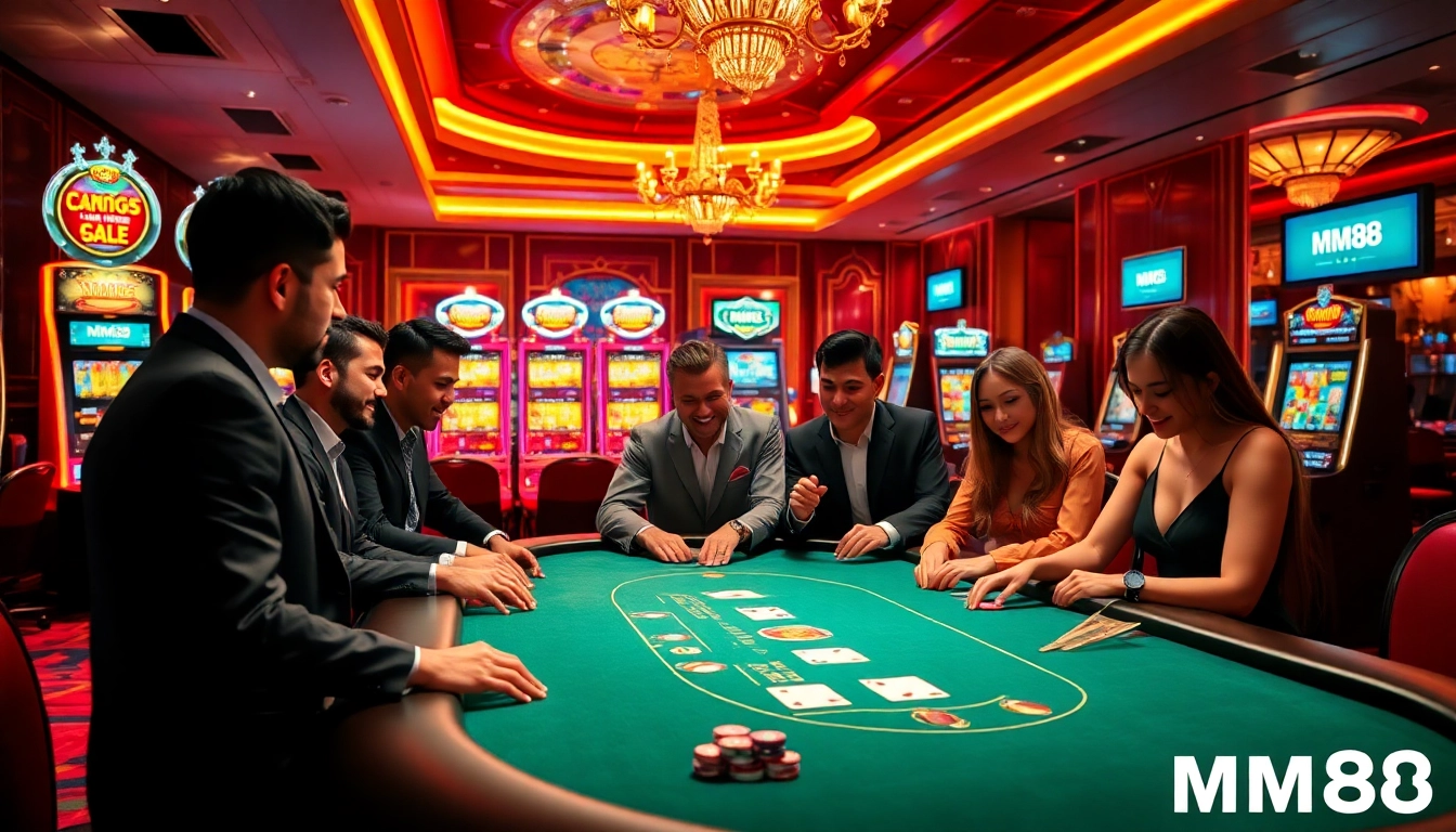 MM88 poker players engaging in a thrilling game surrounded by vibrant casino atmosphere.