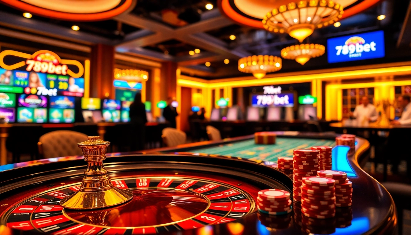 Engaging scene of 789bet events featuring strategic gameplay with poker chips and roulette at a casino table.
