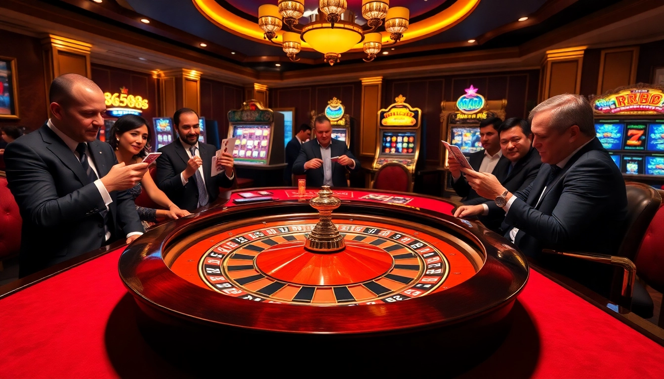 Exciting RR88 casino scene with roulette, poker players, and a slot machine.