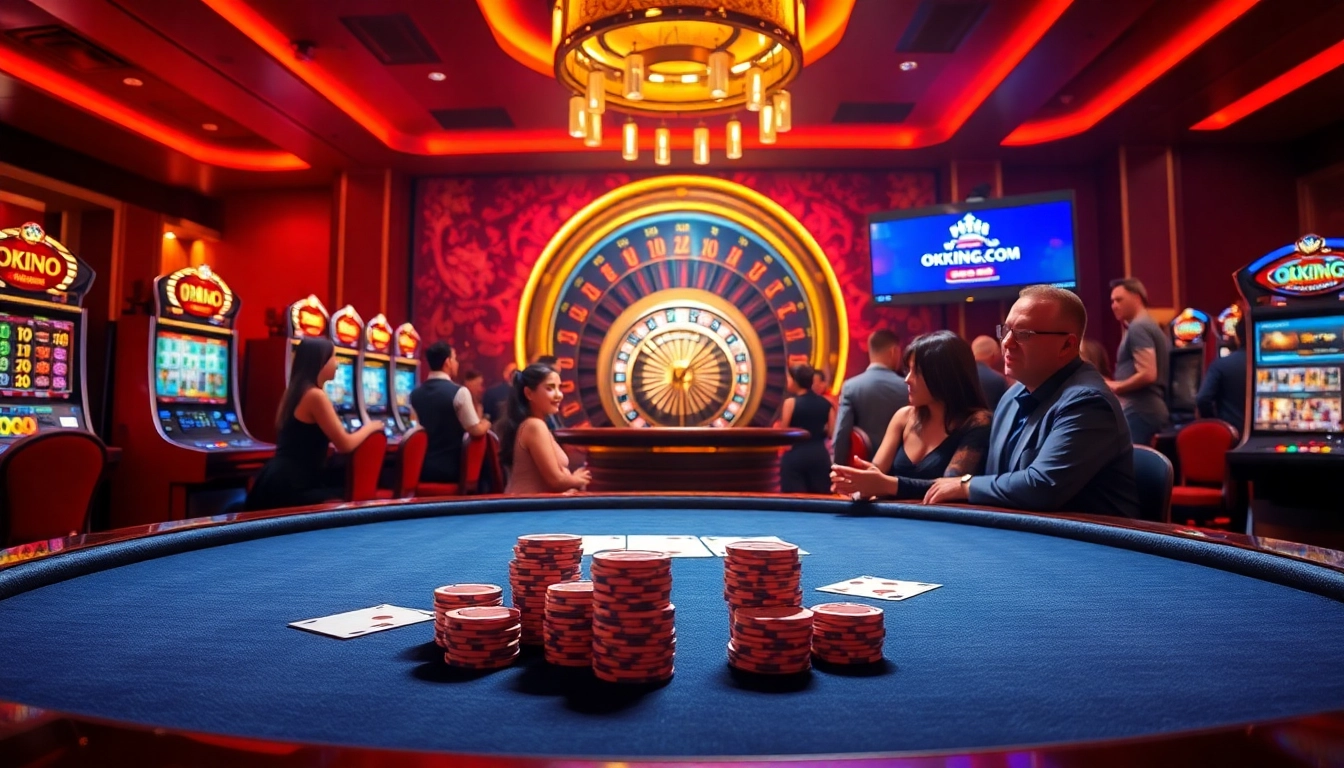 Experience the thrill of winning at OKKING.COM with vibrant casino visuals featuring poker tables and slot machines.