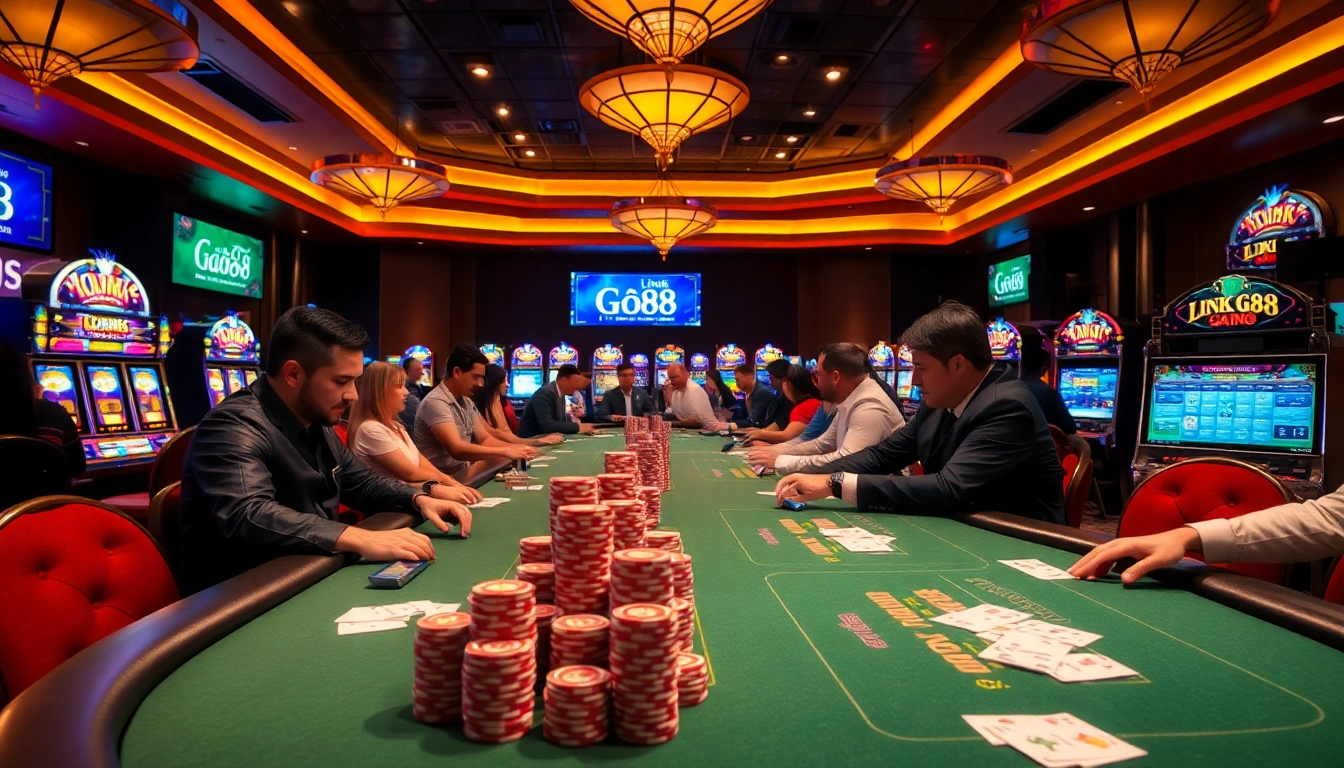 Experience the excitement of gambling at Link Go88 with vibrant casino tables and colorful slot machines.