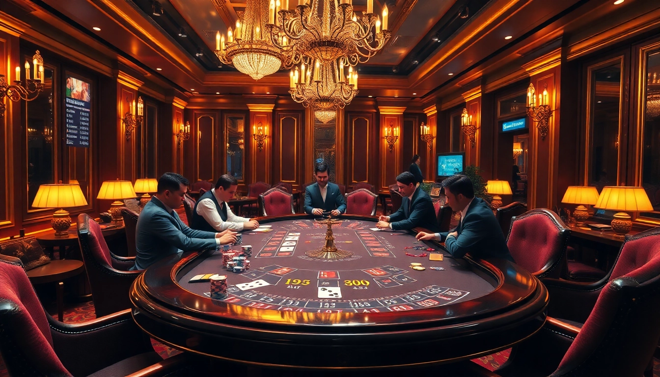 Players at a high-stakes card game table exemplifying the excitement of https://789wins1.net/, surrounded by vibrant casino decor.
