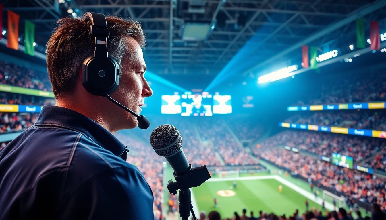 Engaging scene of sports broadcasting featuring a commentator in a lively stadium setting.