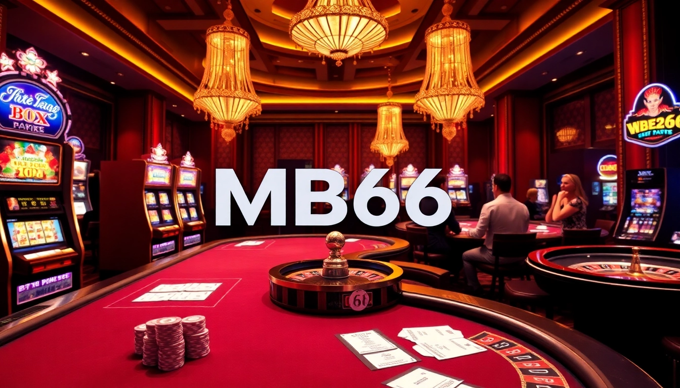 Experience the thrill of gambling with MB66 in a vibrant casino setting featuring poker tables and slot machines.