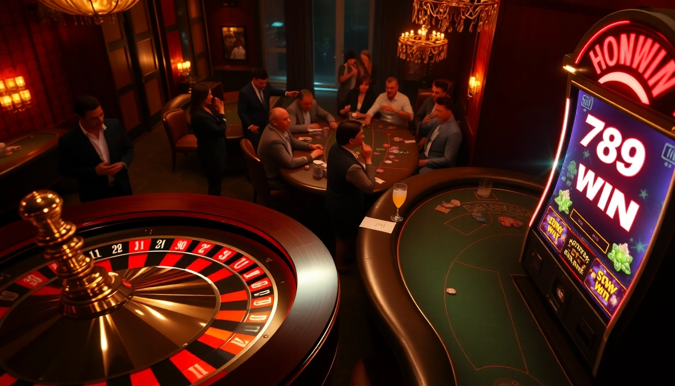Experience thrilling gaming action at 789WIN, showcasing poker, roulette, and vibrant slot machines.
