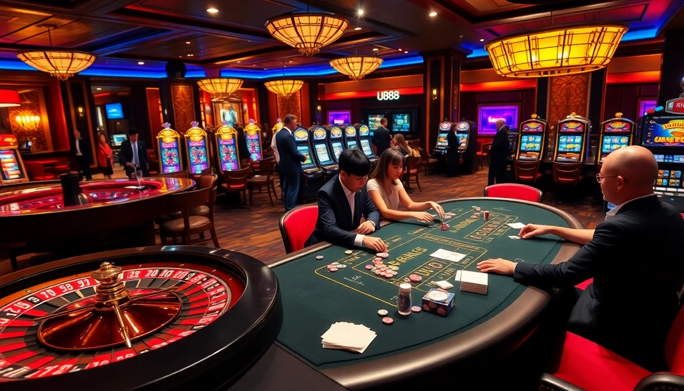 Players engaging in poker strategy at U 888 casino table, vibrant gambling atmosphere.