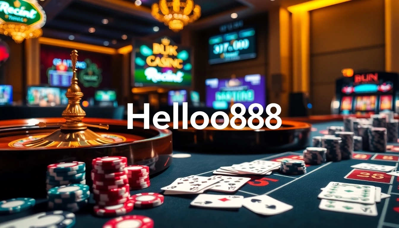 Experience the thrill of winning at Helloo88 with a vibrant casino scene highlighting roulette and poker.