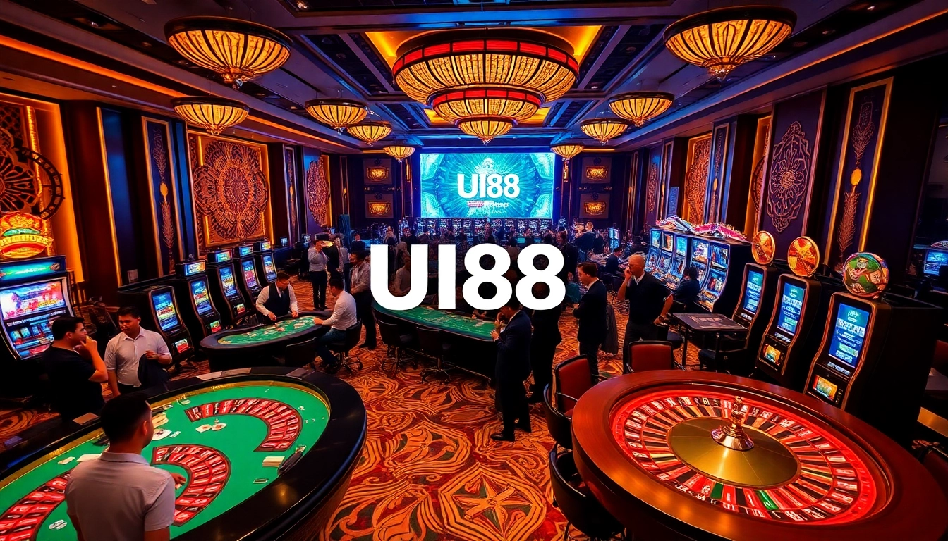 Gamblers enjoying their experience at UU88 casino with vibrant slot machines and poker tables.