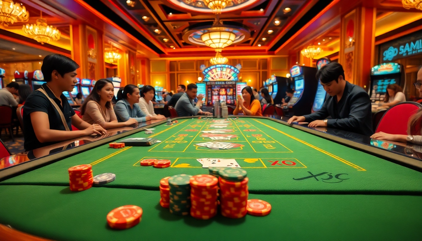 Exciting players at the Xóc Đĩa table featured at https://xocdia24h.com/ in a luxurious casino environment.