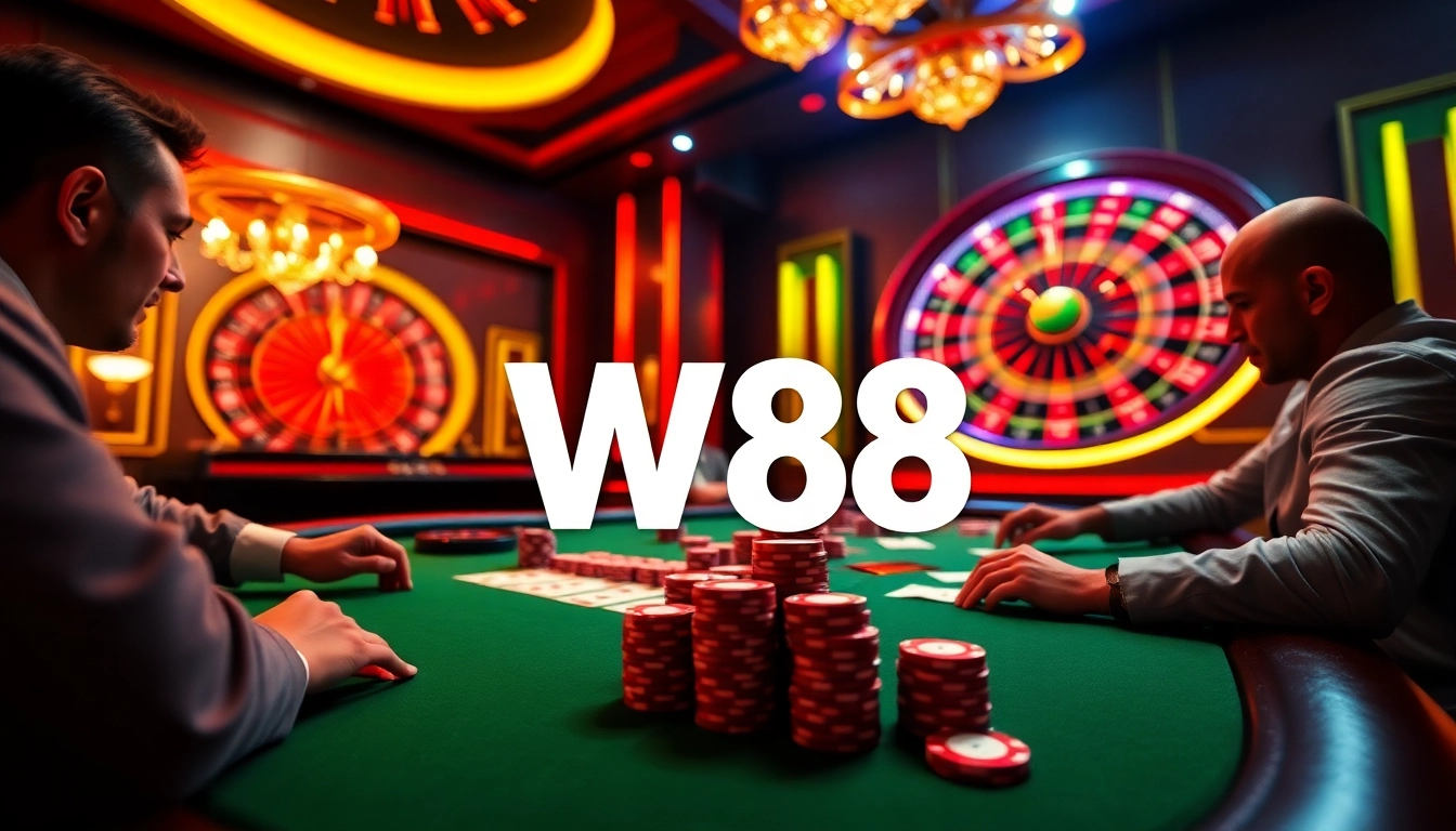 W88 branded poker scene depicting high-stakes gameplay with vibrant tables and chips.