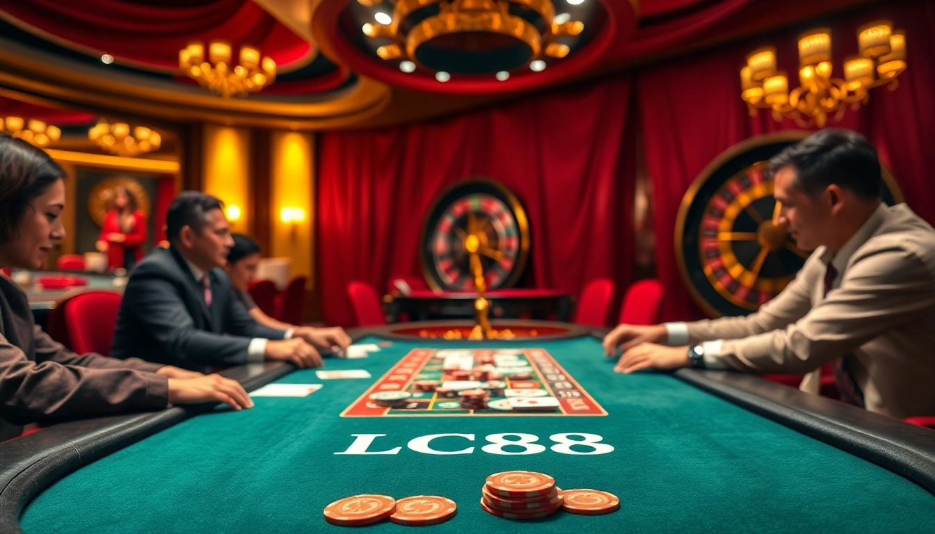 Engage in high-stakes poker at an LC88 branded casino, capturing the thrill and sophistication of gambling.
