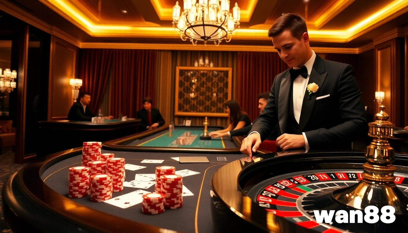 Man88 casino scene with poker table and engaging players in a luxurious setting.
