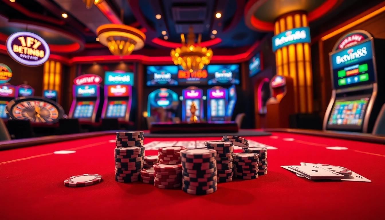 Experience the excitement of Betwin88 with a luxurious casino scene featuring poker chips, cards, and roulette.