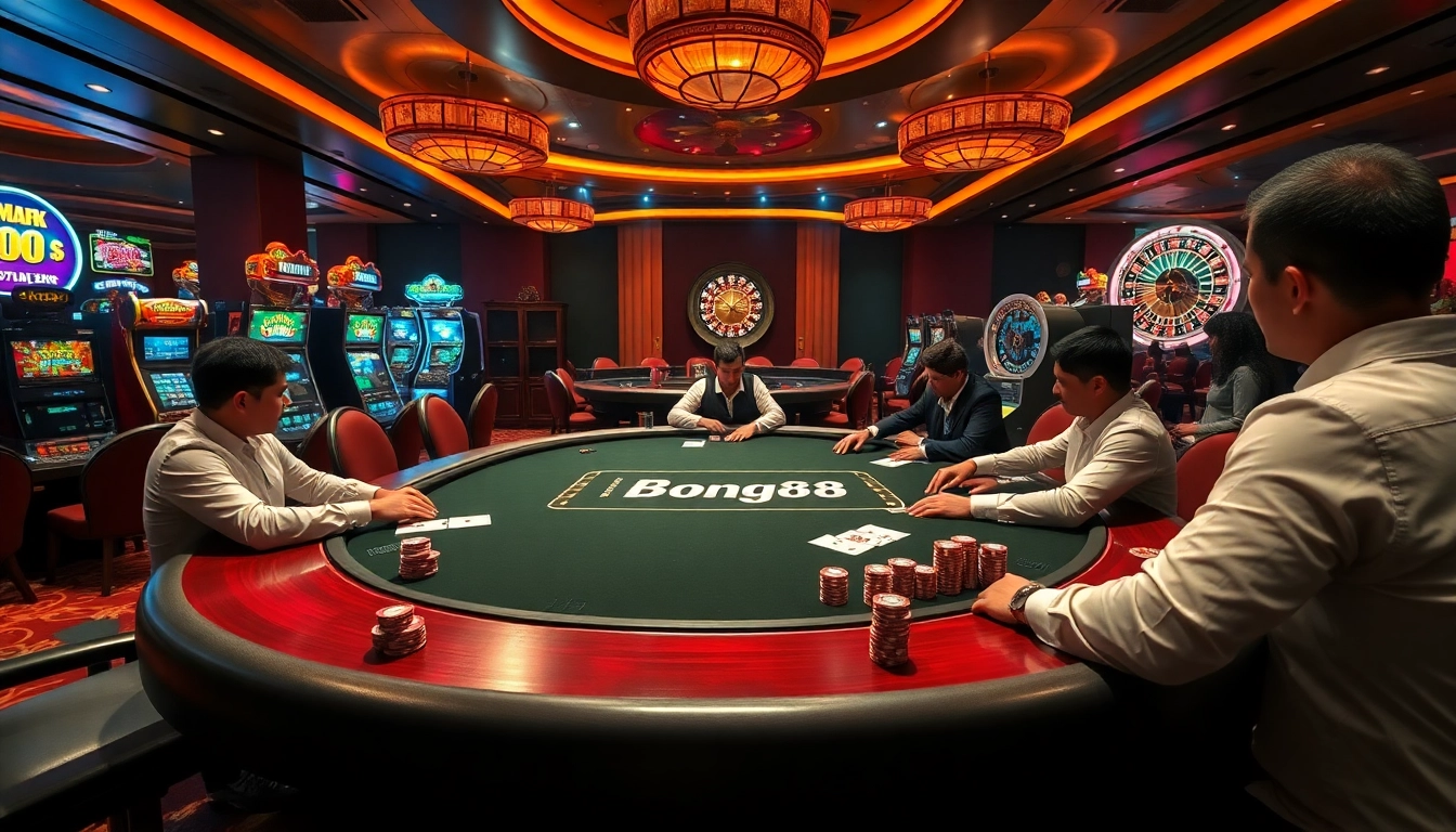 Bong88 poker table in a luxurious casino setting, showcasing vibrant gaming atmosphere and professional players.