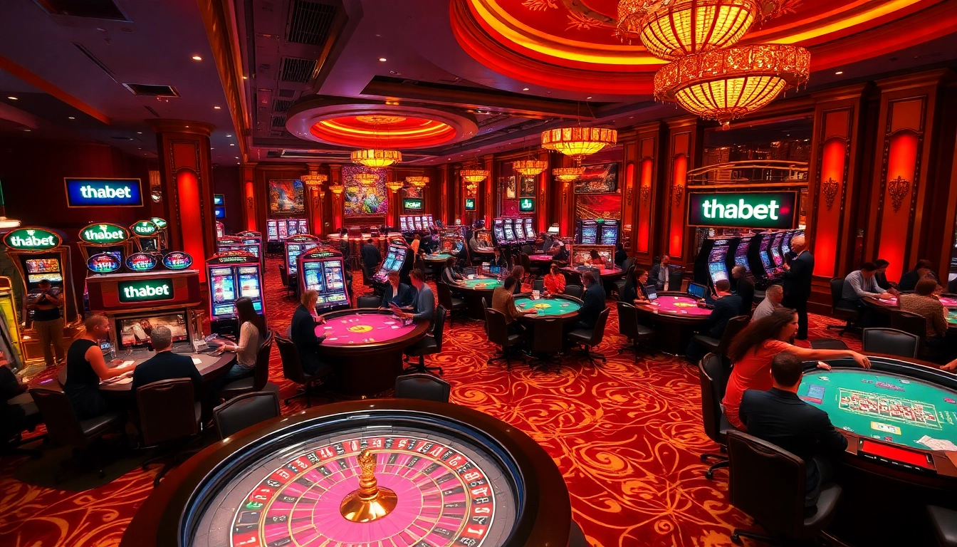 Players enjoying games at the luxurious thabet casino, filled with excitement and vibrant colors.