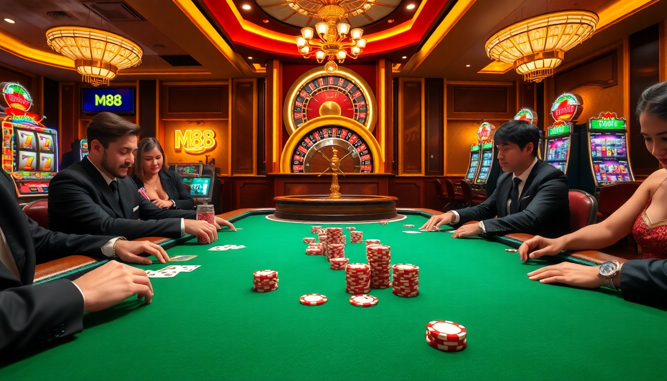 M88 players engaging at a luxurious poker table with vibrant chips and cards.