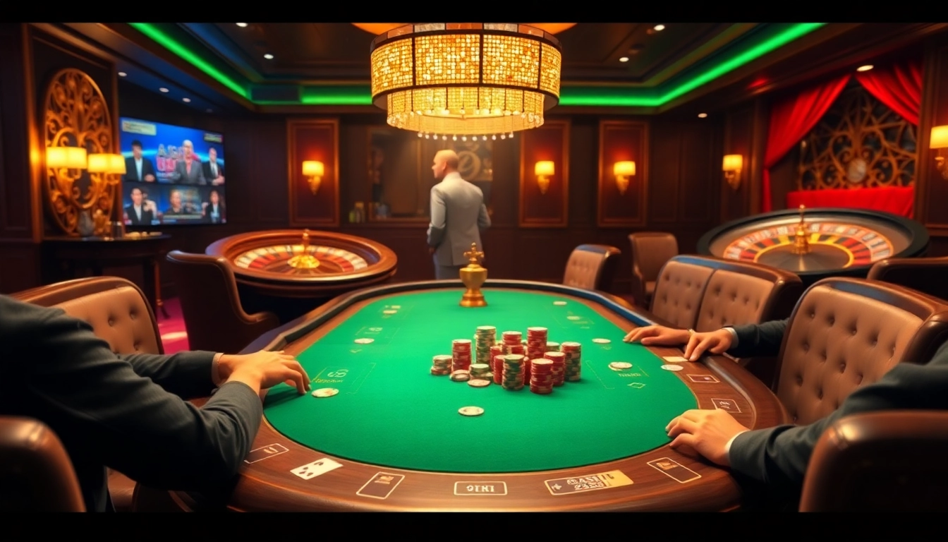 Experience thrilling casino action at https://vj88.online/ with players enjoying poker at a luxury table.
