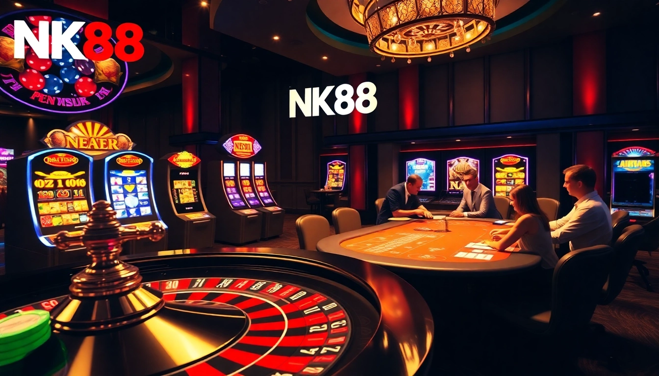 Experience the excitement of gambling at NK88 with a vibrant casino scene featuring roulette, poker, and slot machines.