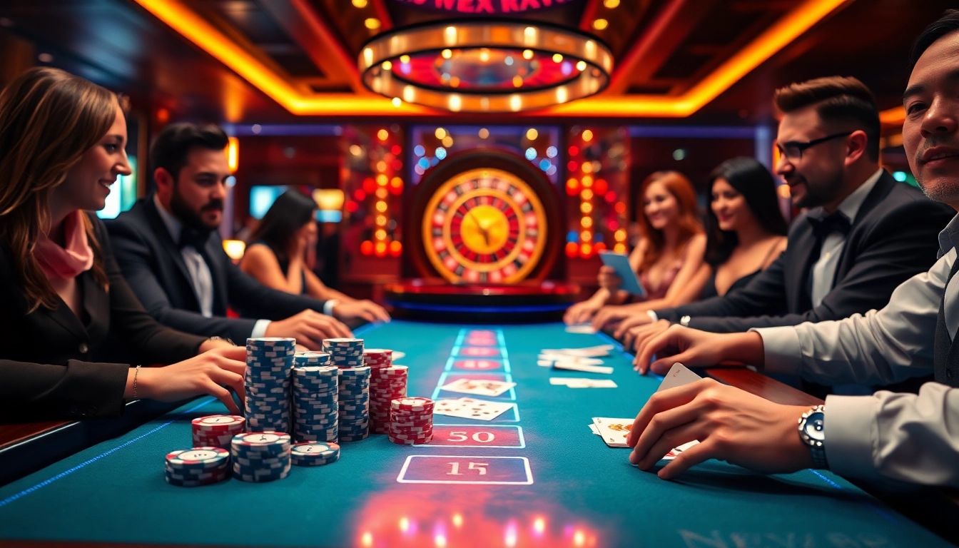 Players betting at a vibrant casino table, featuring New88 poker chips and a roulette wheel.