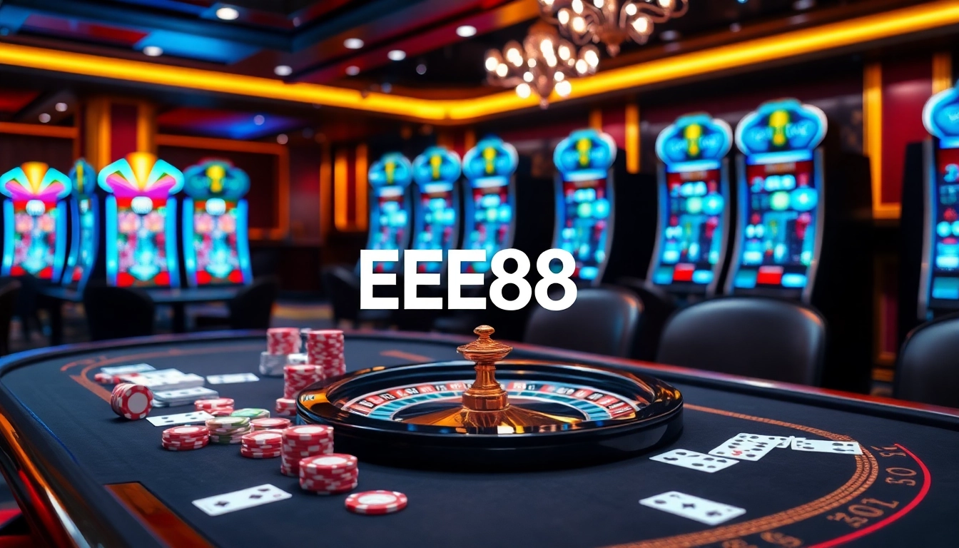 EE88 players enjoy a thrilling game at a vibrant casino table with cards and chips.