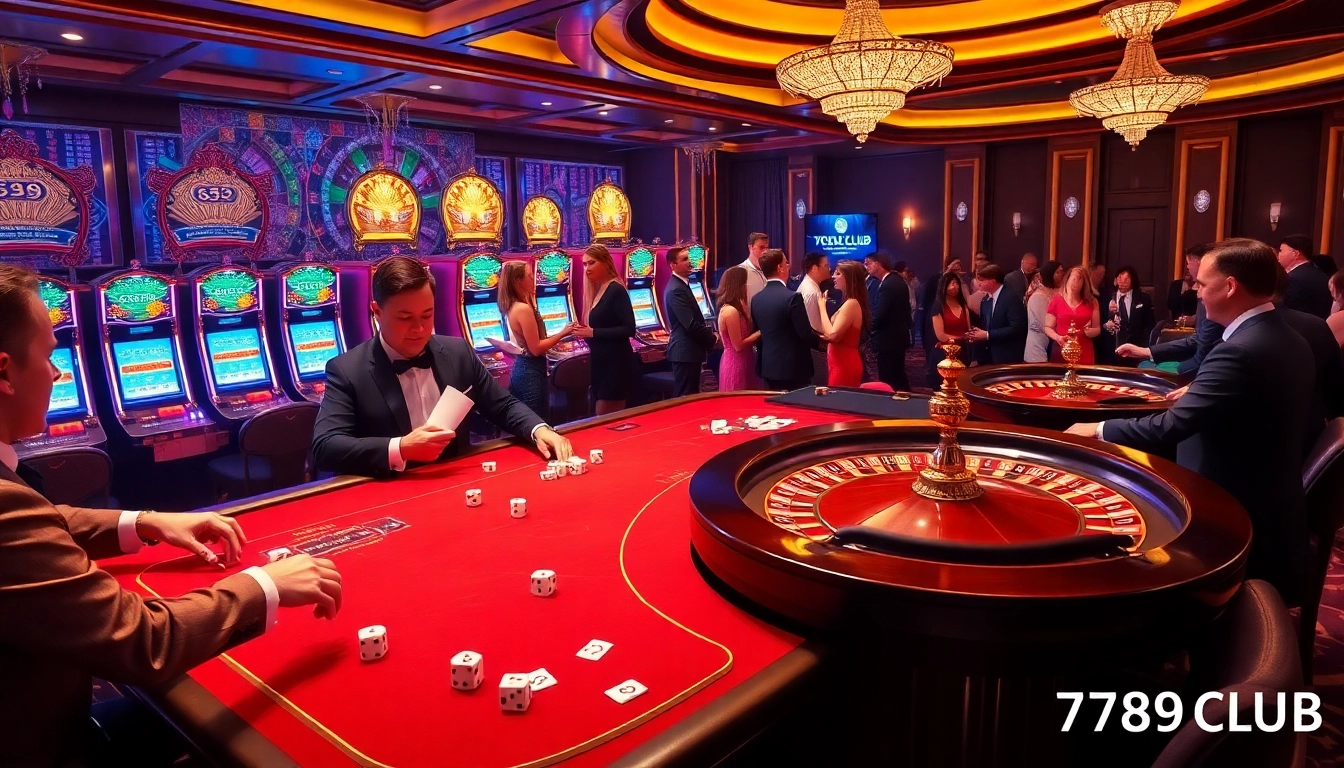 A thrilling 789CLUB casino scene showcasing players at poker and roulette tables under vibrant lights.