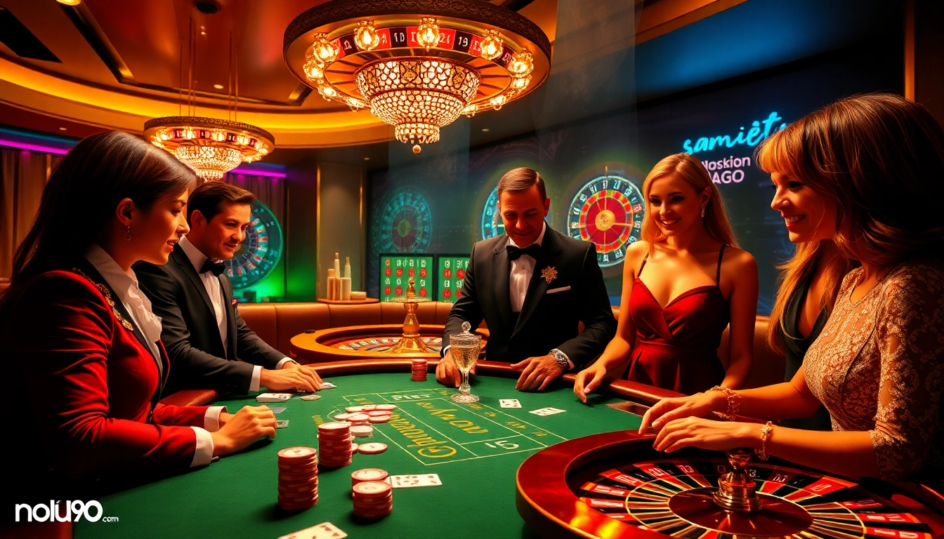 Nohu90 gamblers engaging at an elegant table, experiencing high-stakes casino thrills.
