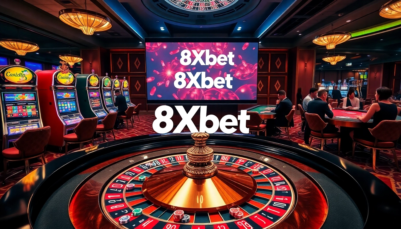 A thrilling casino scene showcasing an elegant 8Xbet roulette table with vibrant chips and luxury decor.